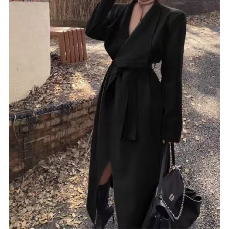 （嘻宝）大码系带长款英伦风休闲常规大衣6650