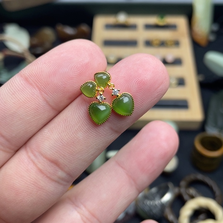 和田玉（碧玉）耳饰银S925镶嵌