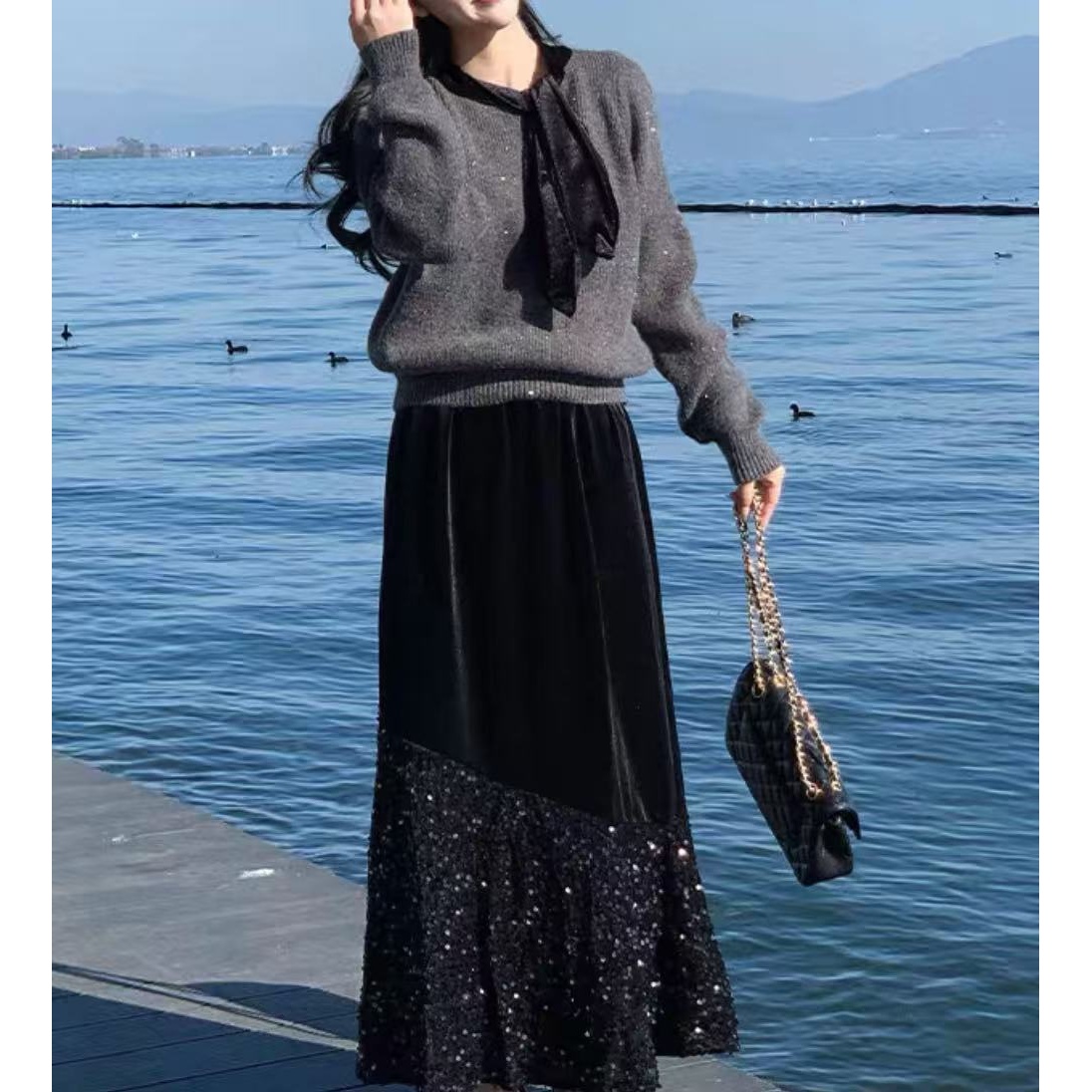 【晨浠定制】新款高腰丝绒鱼尾摆下摆拼亮片长半裙087