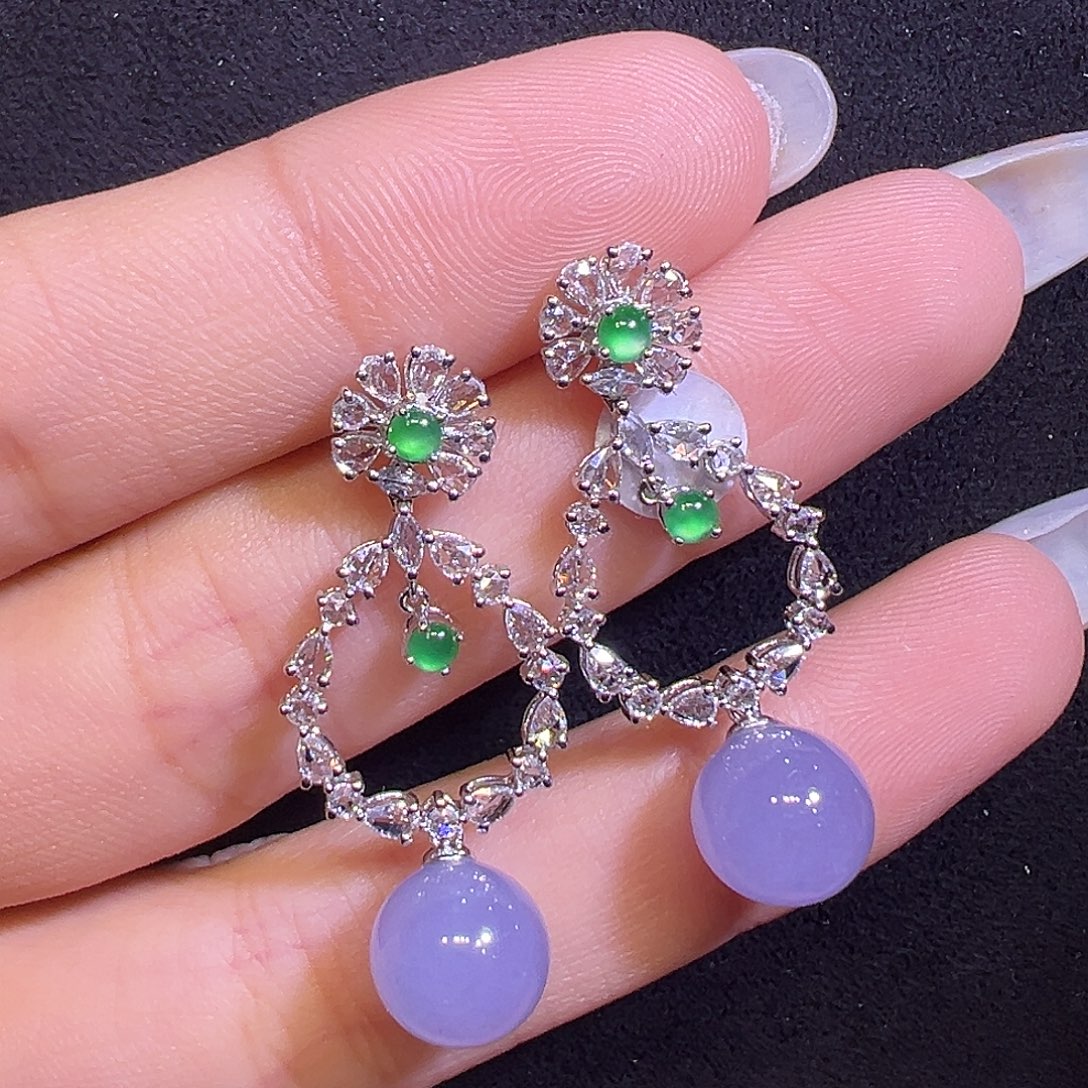 翡翠18K金镶嵌耳饰圆珠