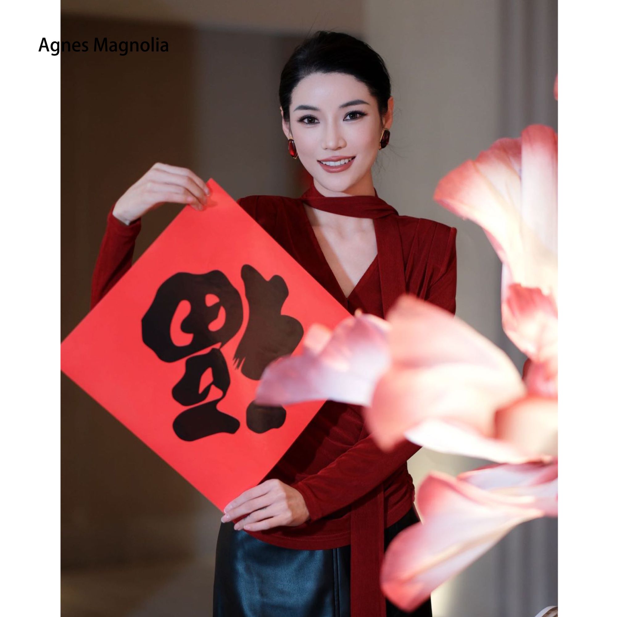 AgnesMagnolia【勃艮第玫瑰】法式优雅重磅醋酸飘带V领抽褶针织上衣