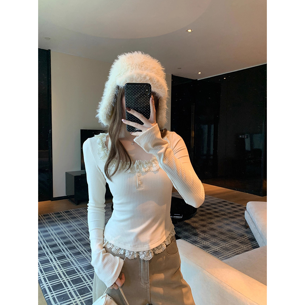 蕾丝拼接针织衫小上衣女超好看内搭长袖修身打底衫 61212
