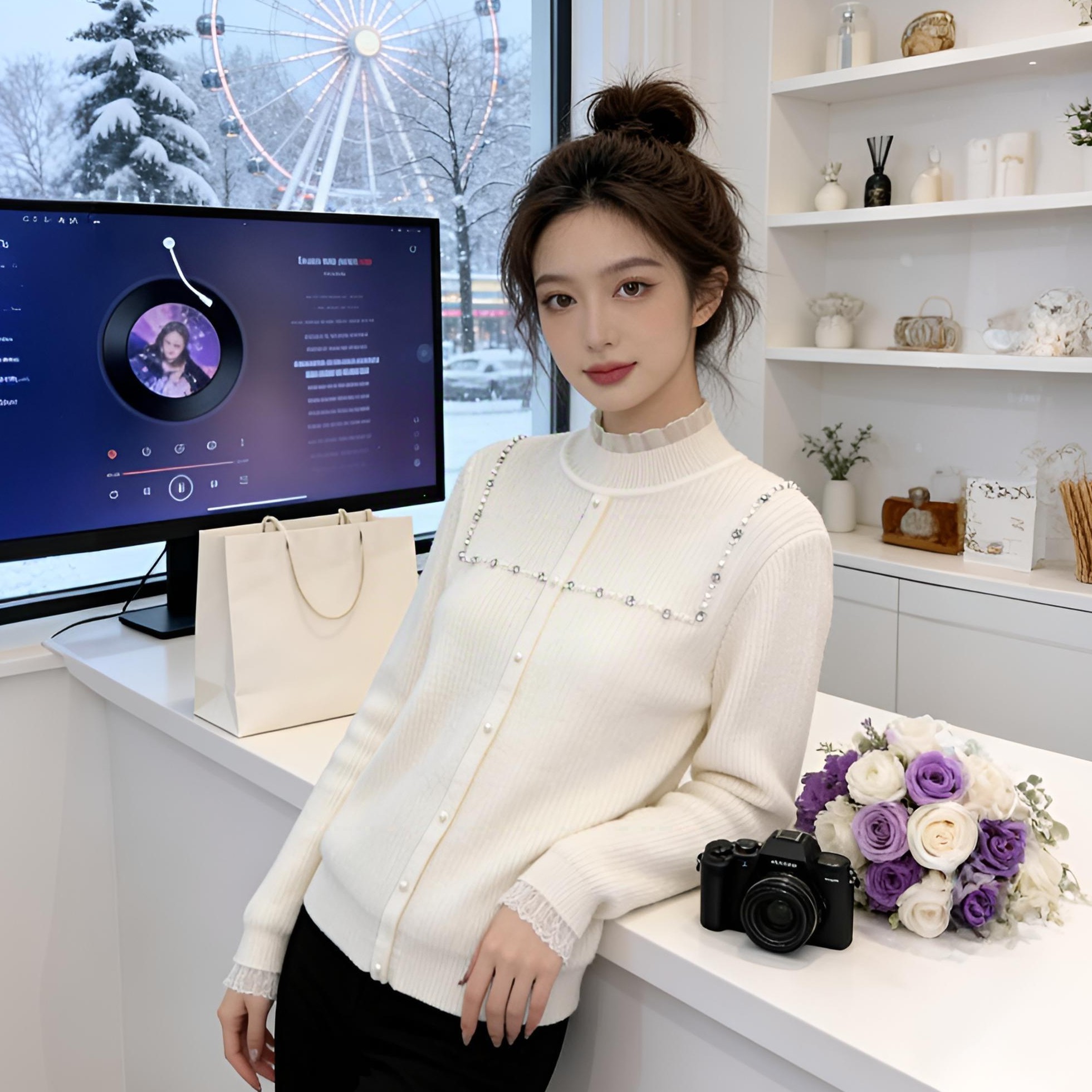 加绒保暖时尚气质女士针织衫秋冬新款洋气珍珠点缀蕾丝花边打底衫