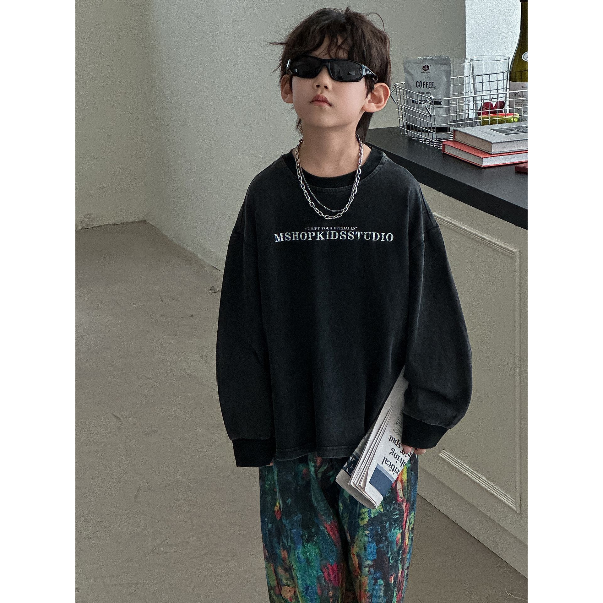 in 爱:mp25秋季男童针织牛仔上衣韩版儿童复古炒色做旧T恤5562