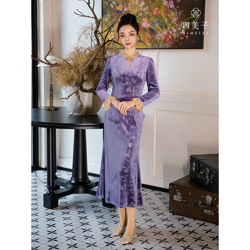 四美子【浮金】冬季新款加厚新中式优雅撞色简约丝绒改良旗袍连衣裙