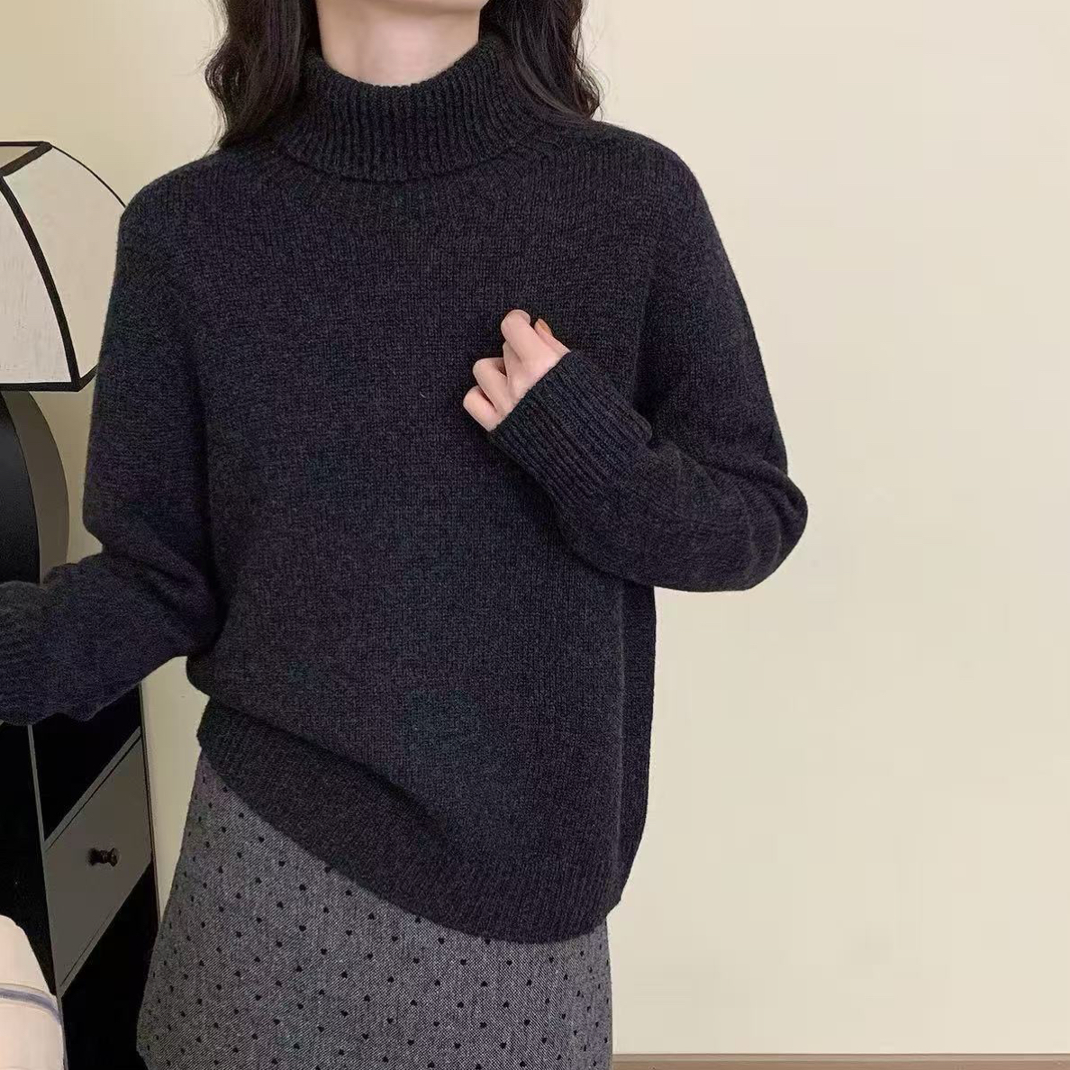 巨暖和！韩系高品质简约百搭宽松显瘦100羊毛翻领套头毛衣女845