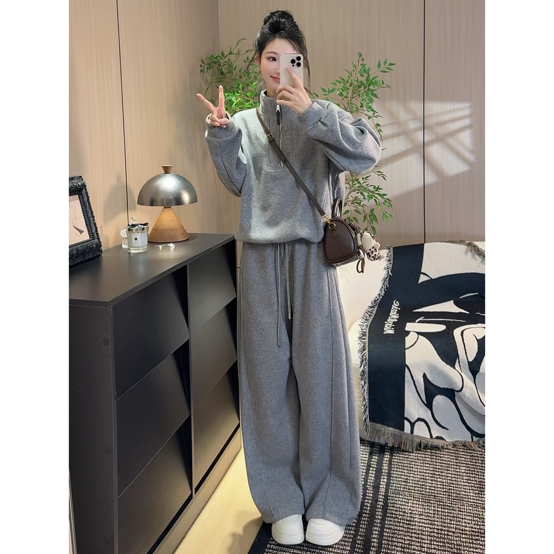 【mus订制】秋冬新款加绒加厚高领拉链外套两件套弯刀裤套装88997