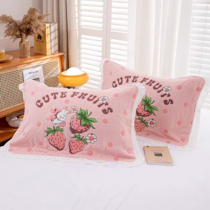 花边纱布高档泡芙枕巾1对（2条）透气可爱柔软加厚吸汗加大枕头巾