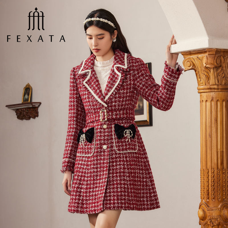 【达人专属】FEXATA斐格思毛呢外套女复古粗花呢大衣