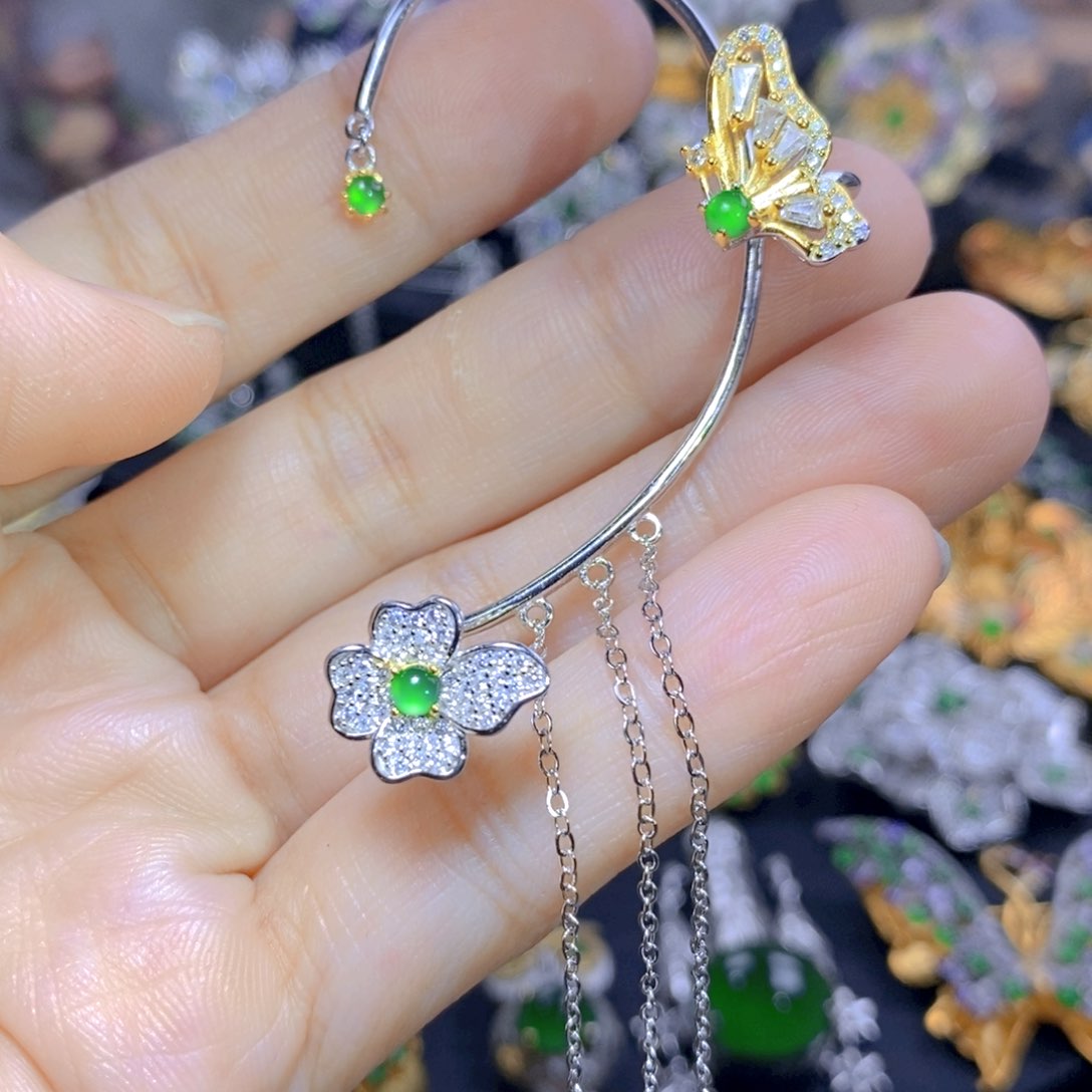 翡翠耳钉银S925镶嵌天然翡翠