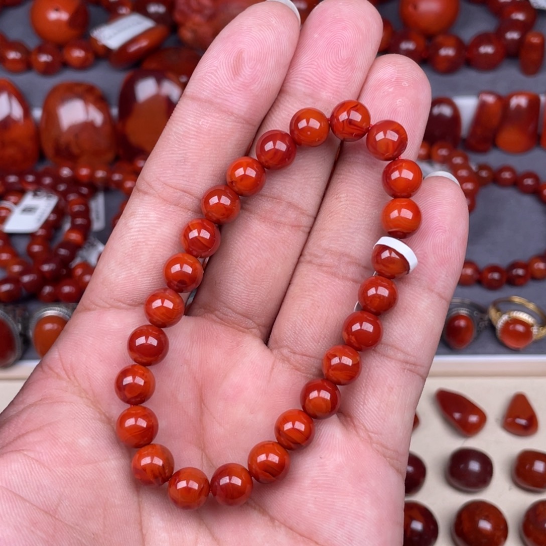 华***姐南红玛瑙未镶嵌原矿瓦西南红圆珠手串8mm