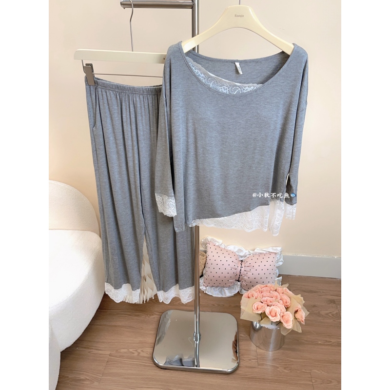 蕾丝莫代尔睡衣女春夏软糯宽松舒适长袖圆领女士家居服套装可外穿