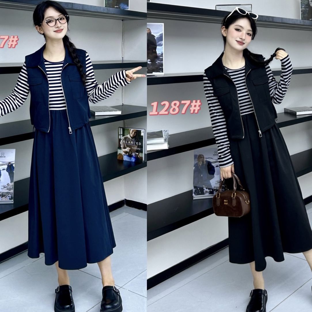 1287#超火减龄假两件长袖条纹拼接连衣裙外搭马甲两件套