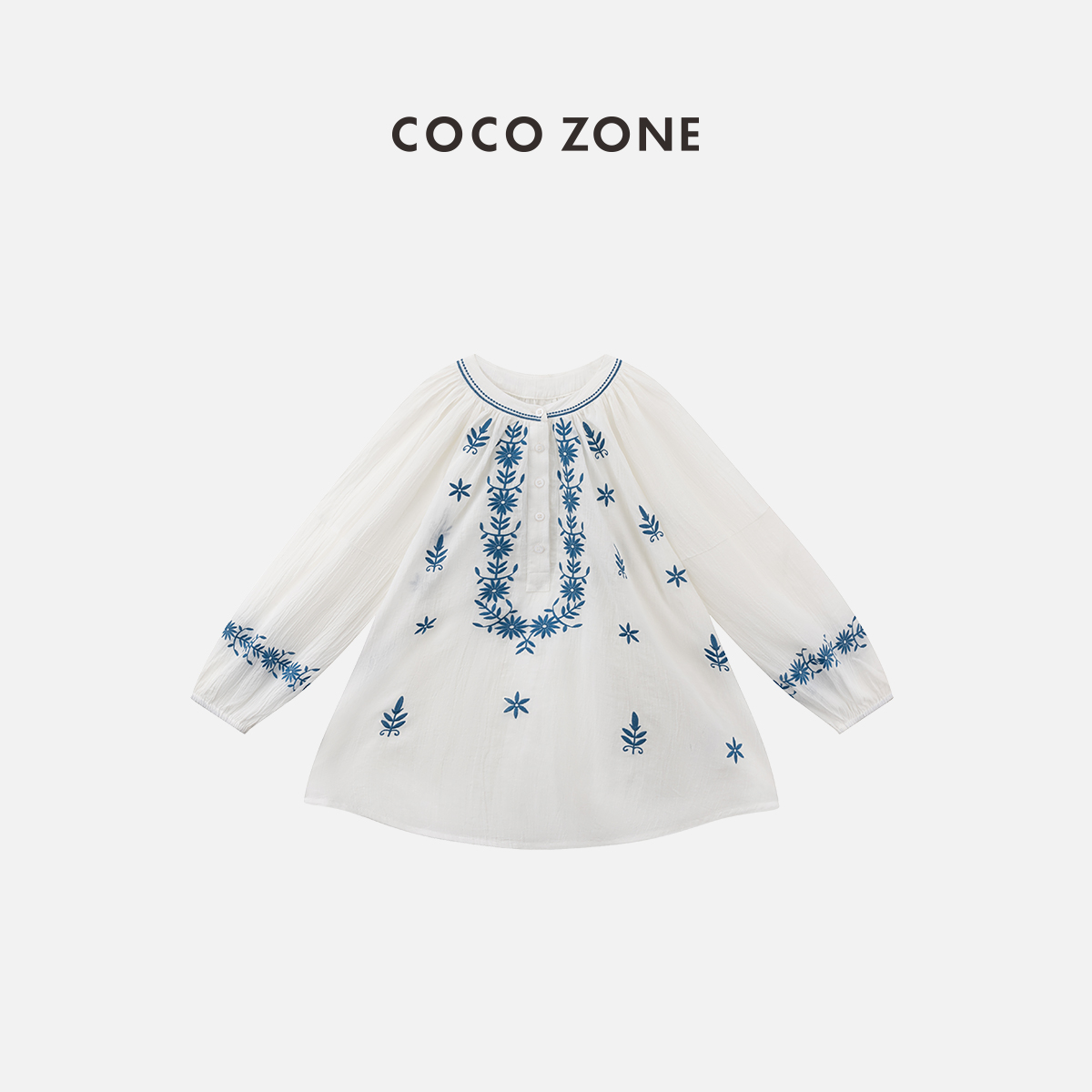 COCO ZONE 刘一一"阿米蓝"复古绣花套头设计感纽扣衬衫 CC1B0956