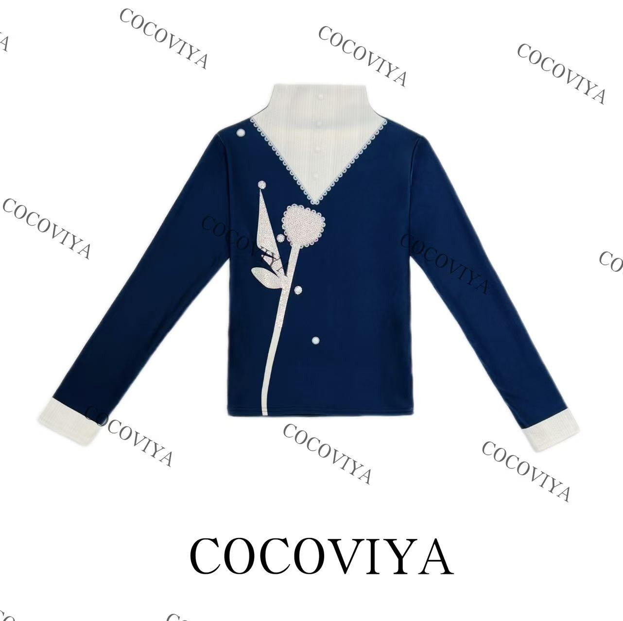 【CC】COCOVIYA银花缀珠高领优雅德绒长袖T恤时尚内搭上衣26C-1047