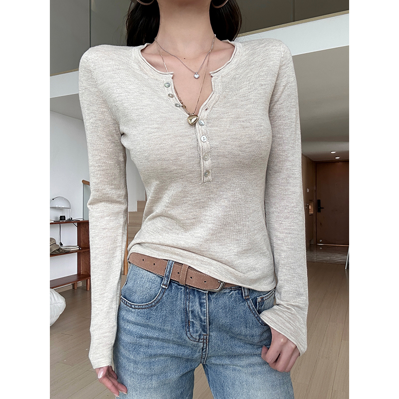 【部分现】软糯松弛显瘦卷边袖针织衫半排口套头t恤长袖女M1519