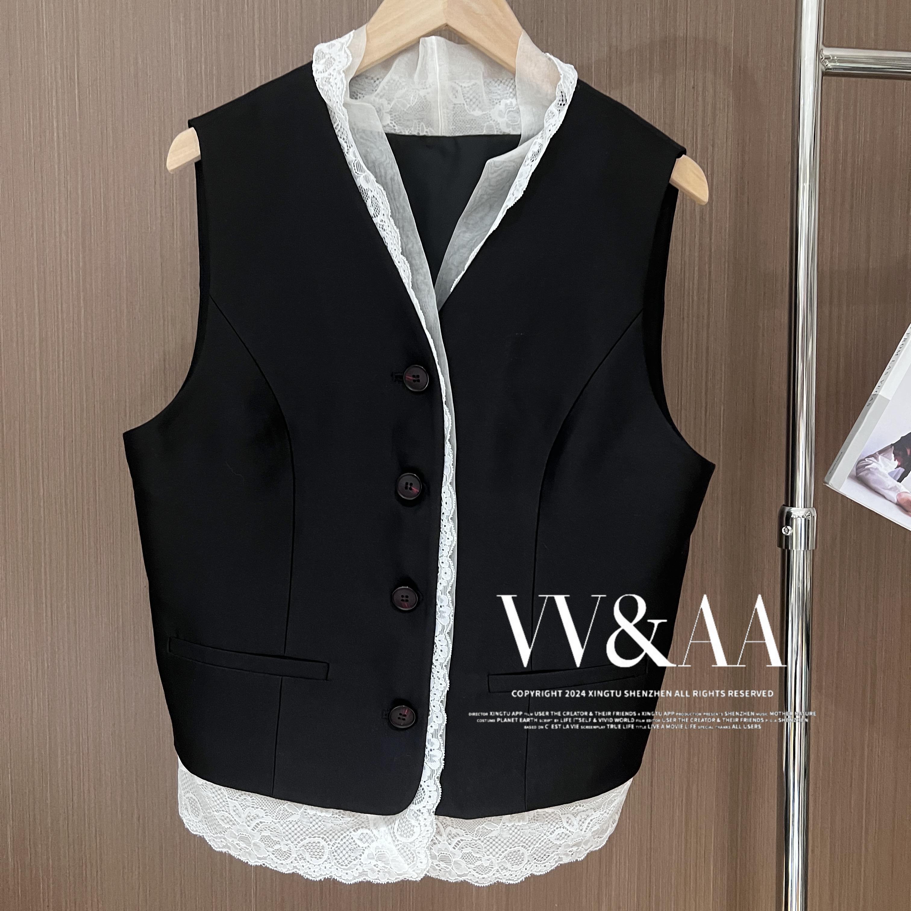 VV&AA 复古经典条纹蕾丝边马甲背心 R746