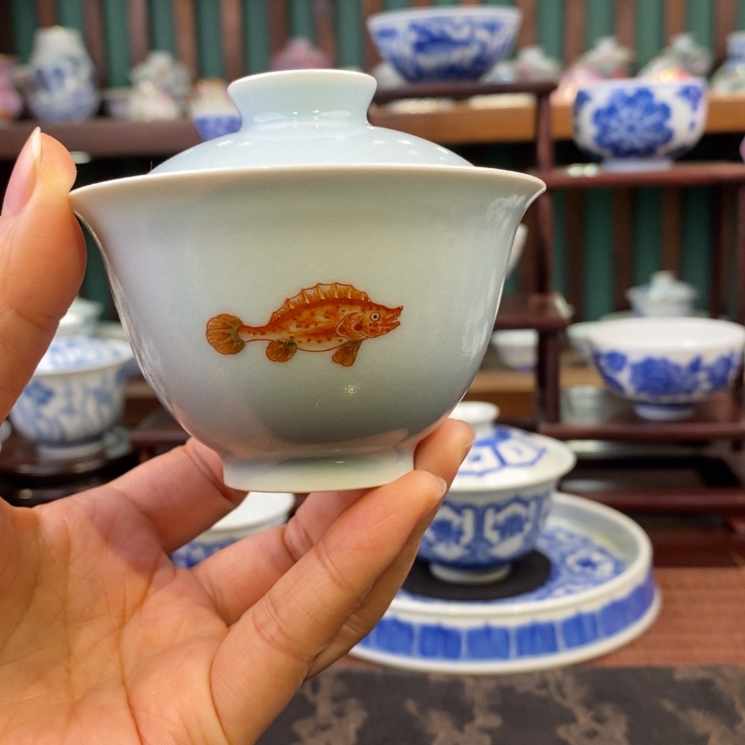 手工陶瓷汝窑蓝鱼盖碗