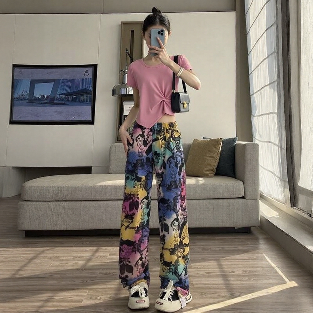 中腰国潮2025显瘦春夏休闲裤子时尚上衣套装轻奢爆款舒适哪吒印花