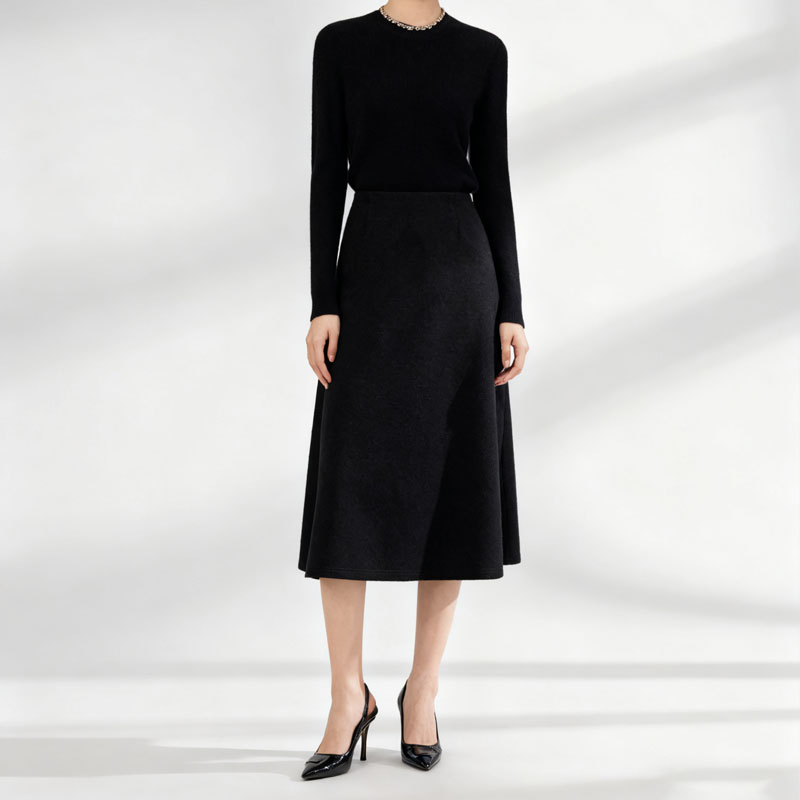 罗织伊坊弹力小A裙显瘦小黑裙赫本小伞摆弹力高腰拉链半身裙秋冬