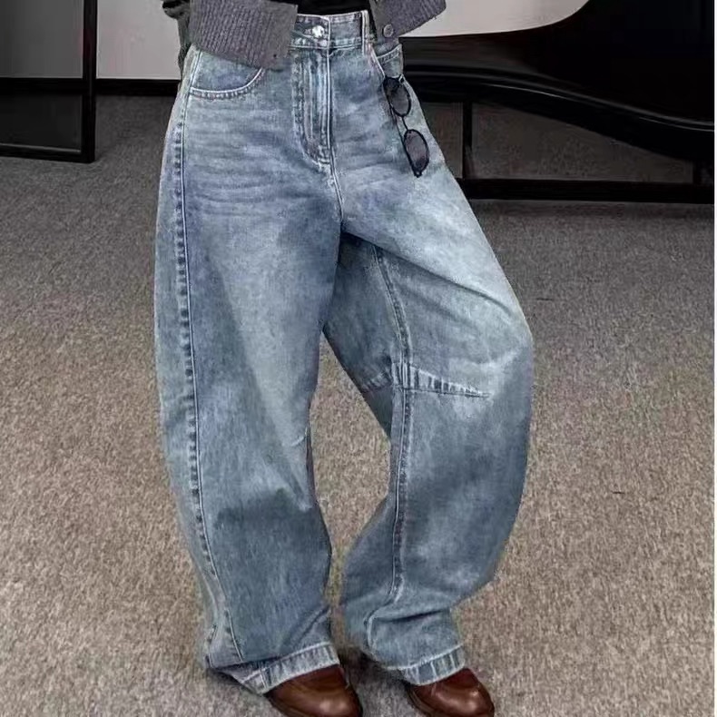 阿玛施/AMASS高腰女弯刀牛仔裤大梨形身材裤子水洗蓝色裤子510077