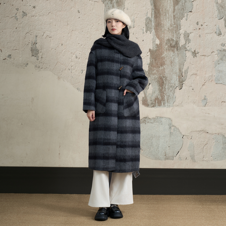 西町村屋复古风外套女装2025冬季新款格纹羊毛长款大衣XHAD10128