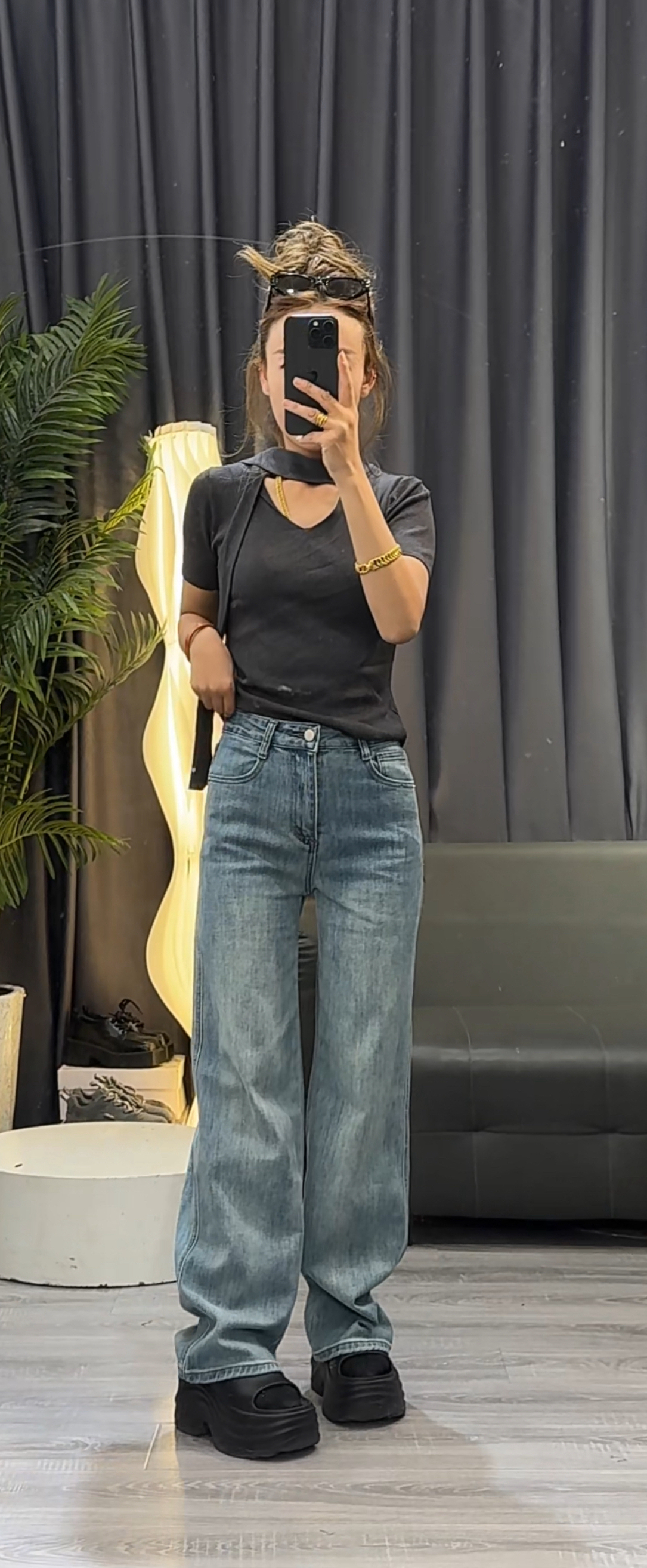 窄版直筒裤 13299 大码复古高腰直筒牛仔长裤女宽松显瘦弹力