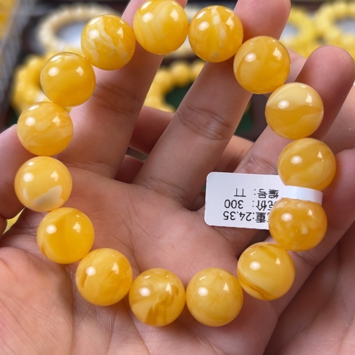 琥珀未镶嵌手链24.35g焦皮同料圆珠14mm