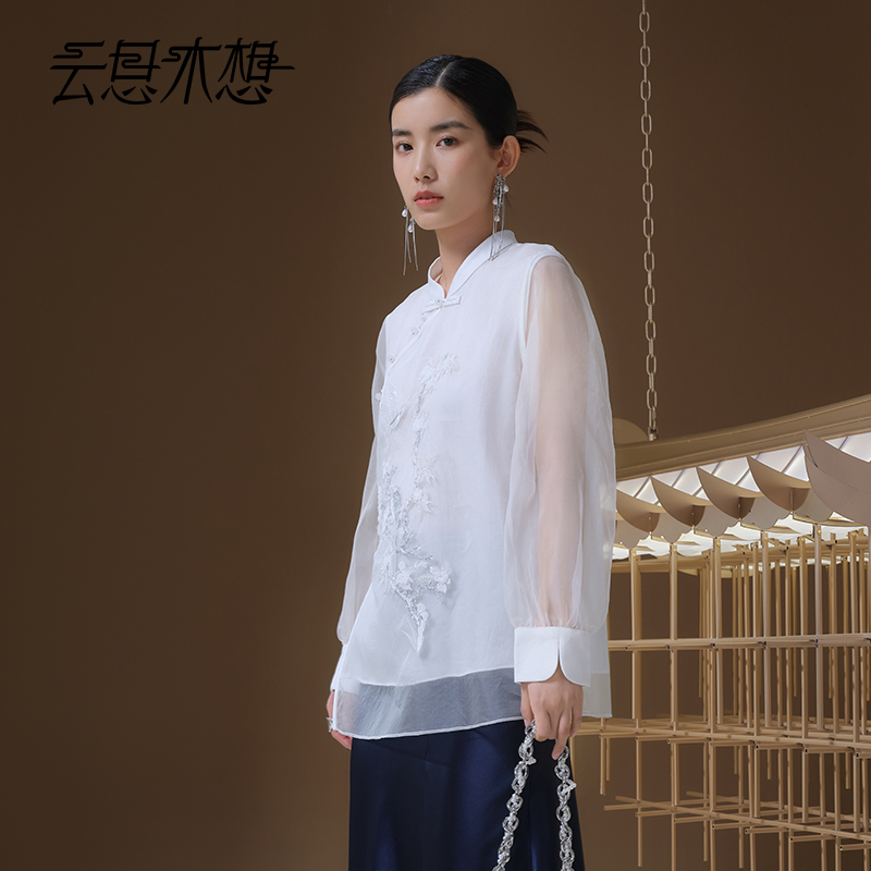 Ysimo-X云思木想 暮烟花鸟 优雅毛巾+珠片绣桑蚕丝醋酸衬衫13108