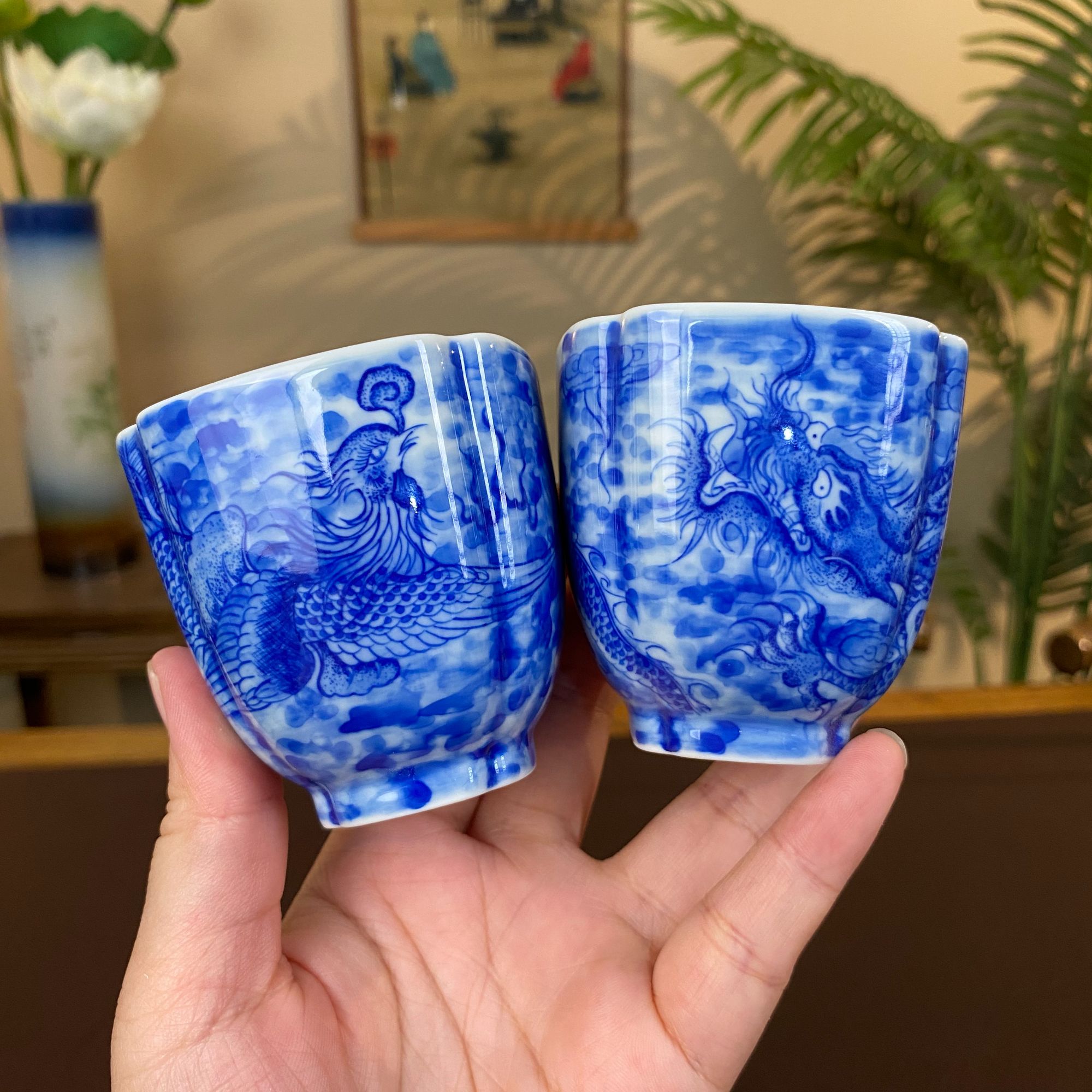 【陶月楼】龙凤 纹四方杯 景德镇纯手工手绘茶器茶具
