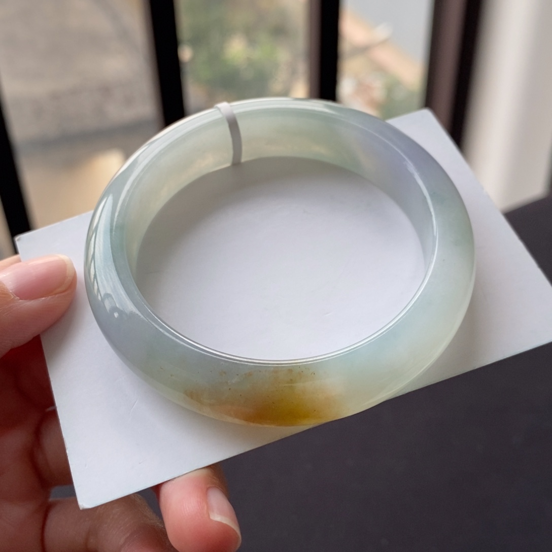 翡翠未镶嵌手镯54正圈特色三彩