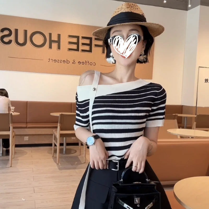 XIAOBAI夏季毛针织衫一字领女高腰气质休闲针织衫短袖