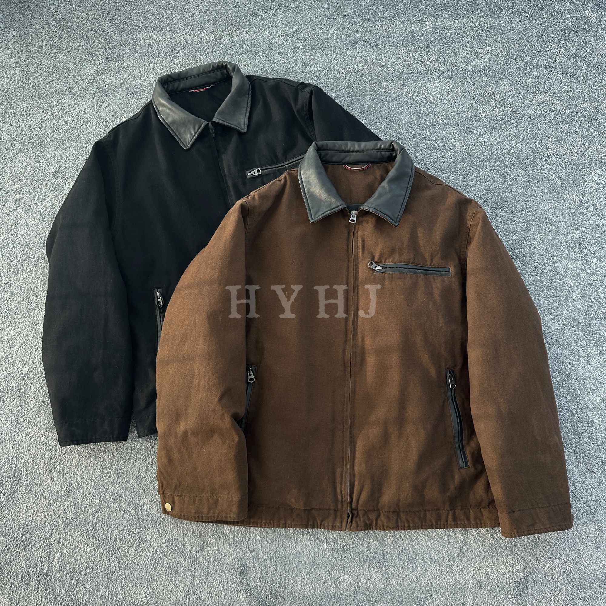 【HYHJ】美式工装 复古拼皮翻领洗水做旧底特律冬季白鸭羽绒服