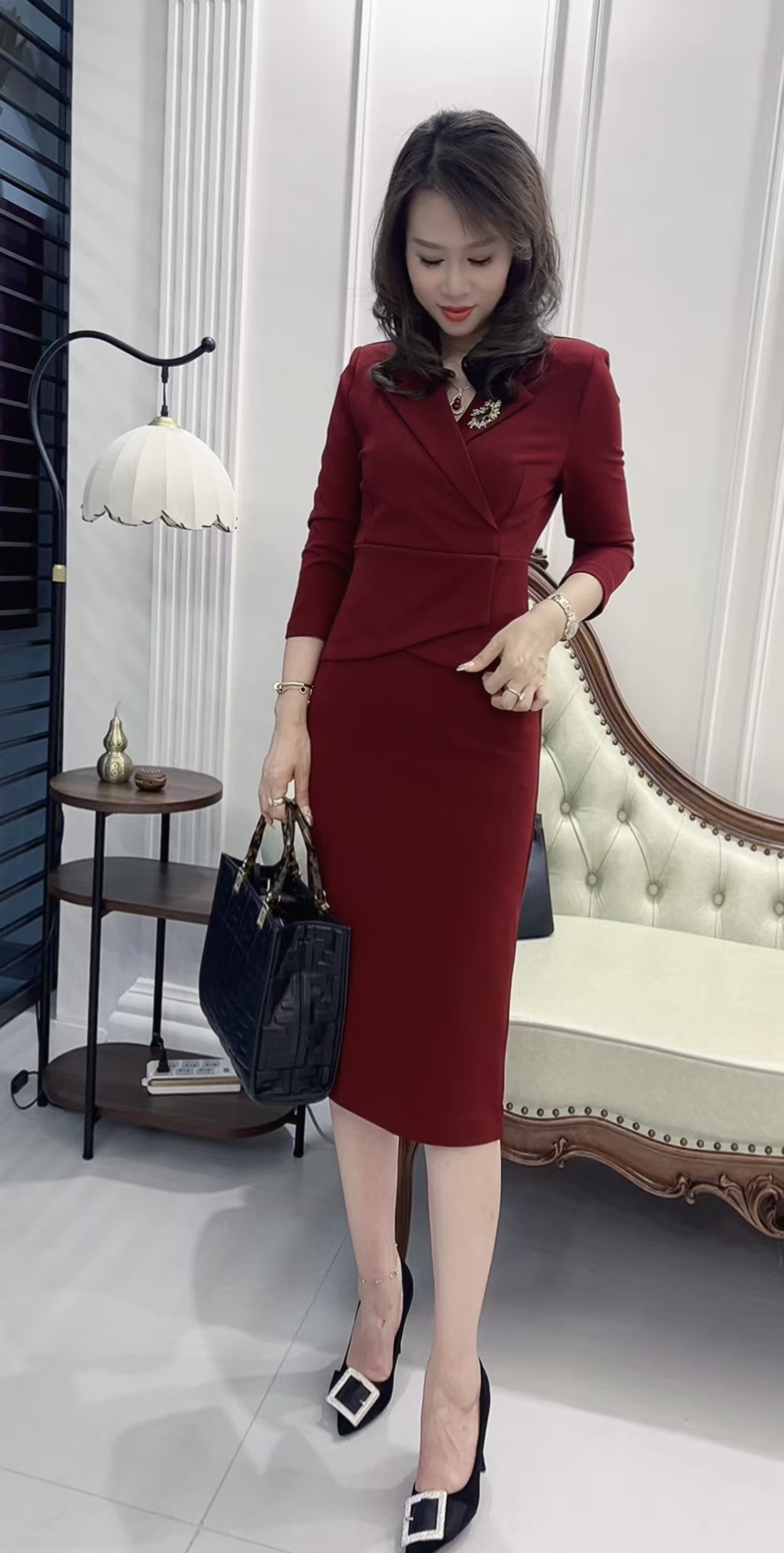 晗姐服饰  显瘦收腰 七分袖连衣裙 9309-1 赠送胸针