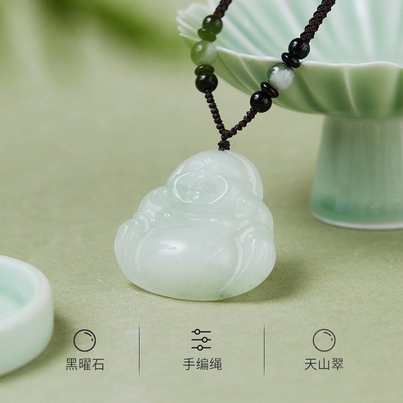 非金属棉绳项链 新中式白色弥勒佛项链女国风高级笑脸佛公编绳