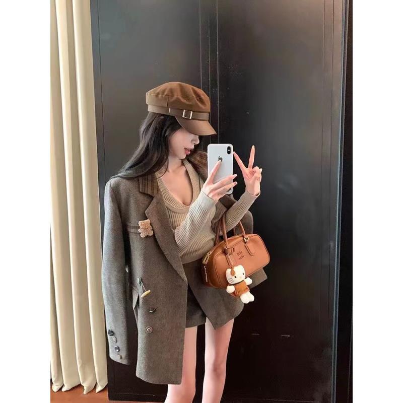 复古夹棉长袖西装外套女秋冬穿搭a字半身裙短裙