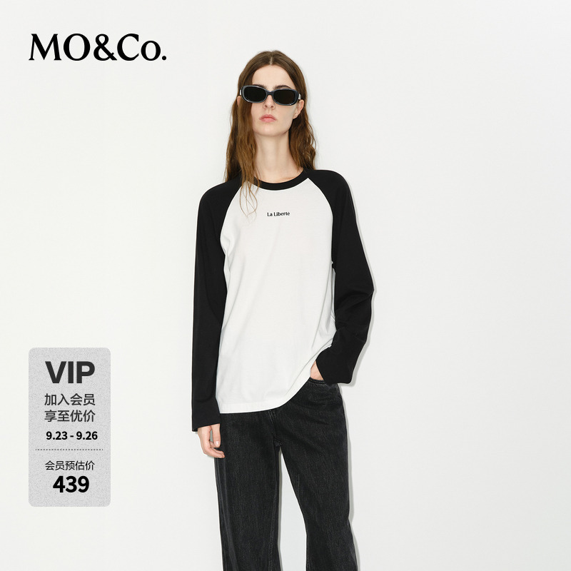 MOCO长袖T恤冬季黑白撞色插肩袖棉质印花圆领MBD4TEE012