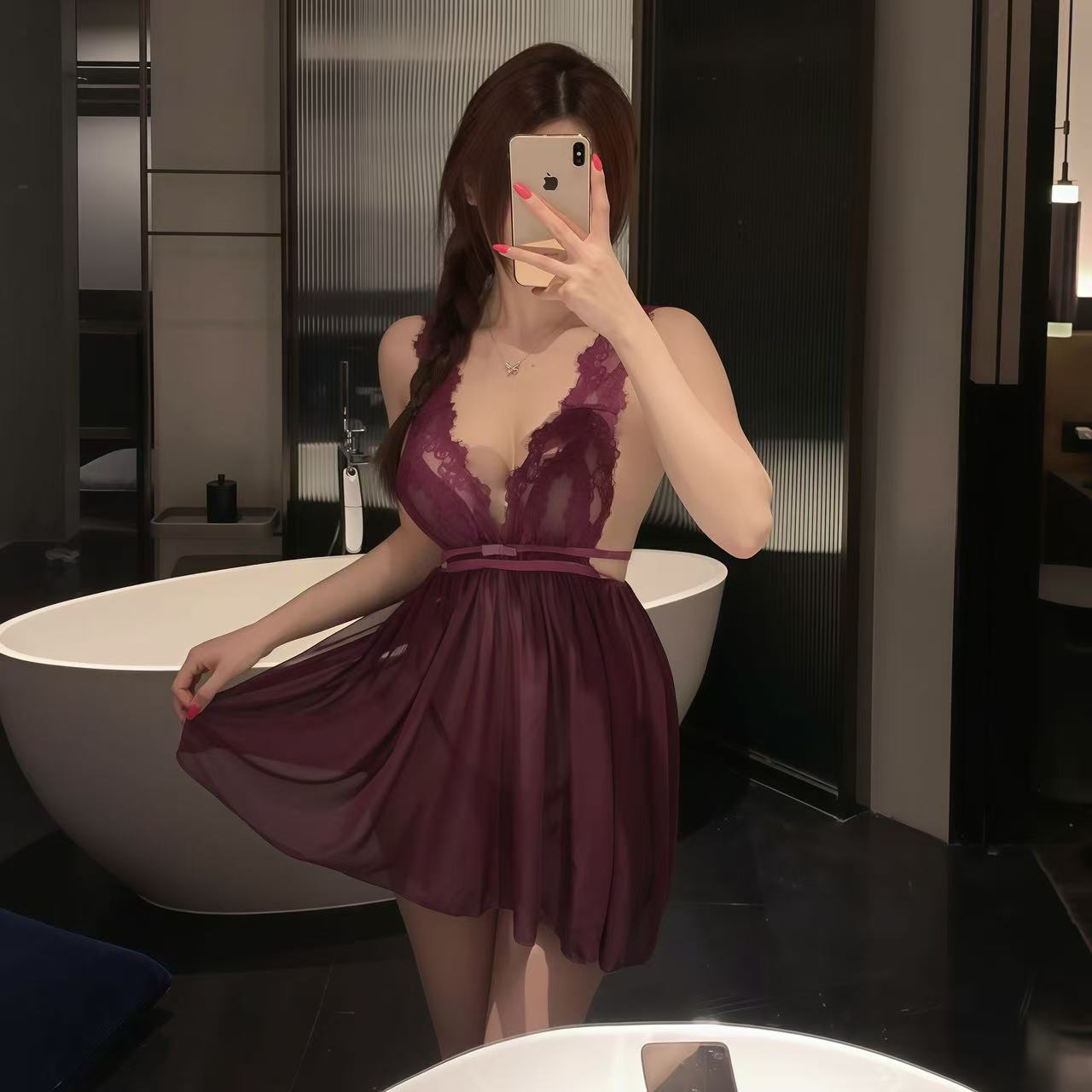 【小桃涩屿】若隐若现纯御蕾丝网纱辣妹紫色免T睡裙女