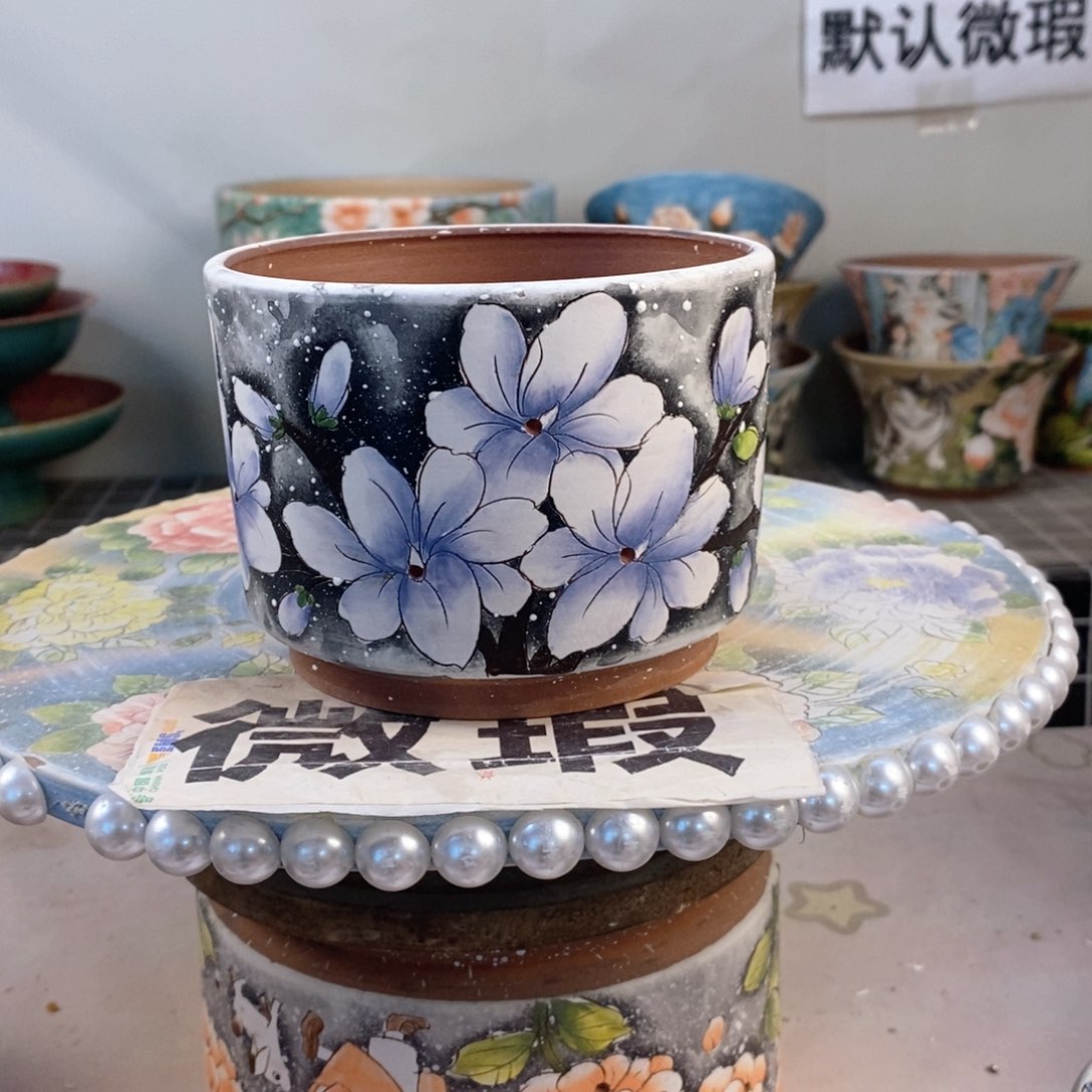 紫砂花盆红陶手绘花盆