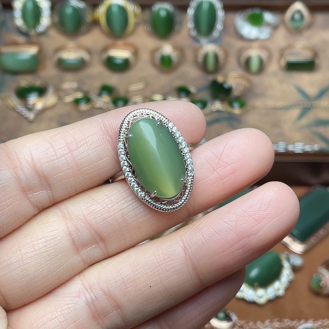 和田玉（碧玉）银S925镶嵌吊坠(不含链)戒指