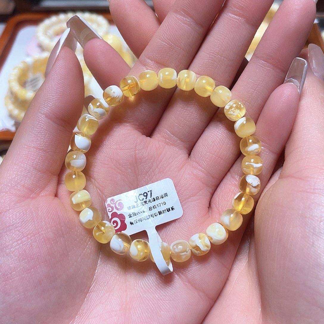 未镶嵌蜜蜡手链7mm老型 玻璃金底荧光漆白溶洞