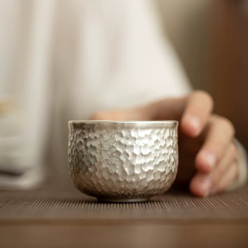 锤纹鎏银小禅定杯精致设计中式高档个人专用品茗杯茶盏@075
