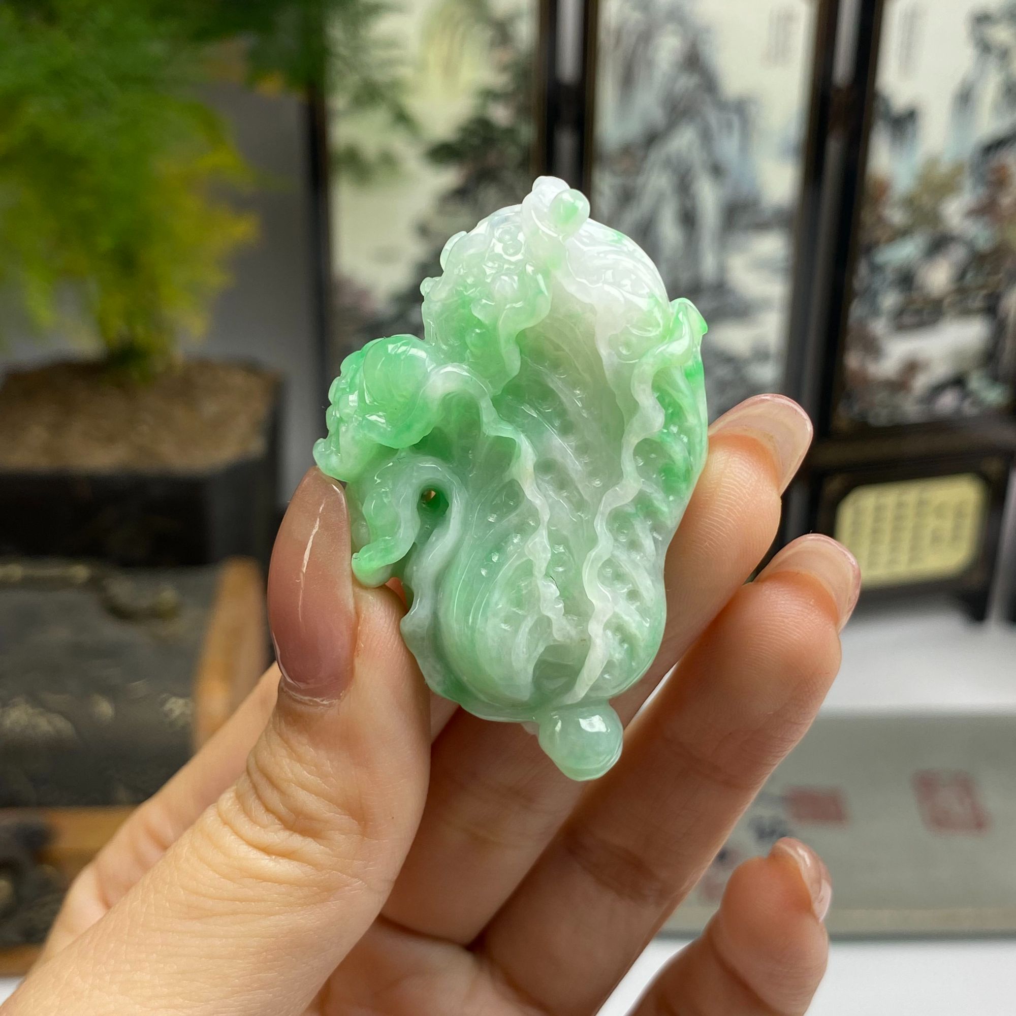  飘绿白菜百财俱来挂件 天然翡翠A货   