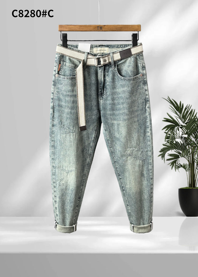 男士修身时尚猫须牛仔裤浅蓝色破洞小脚高弹中腰薄款潮牌九分裤春