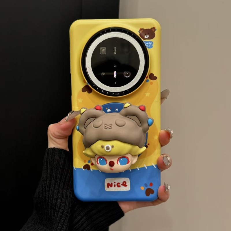 适用华为mate70pro+手机壳苹果16pro可爱卡通蓝黄撞色小熊头套男