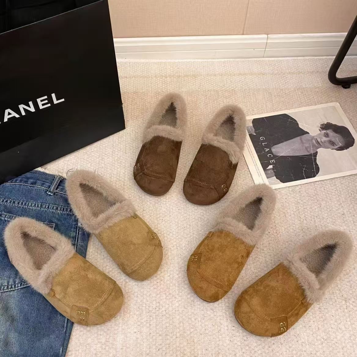 【运费险补贴】冬季新款防滑一脚蹬棉鞋女平底加绒保暖复古豆豆鞋TT