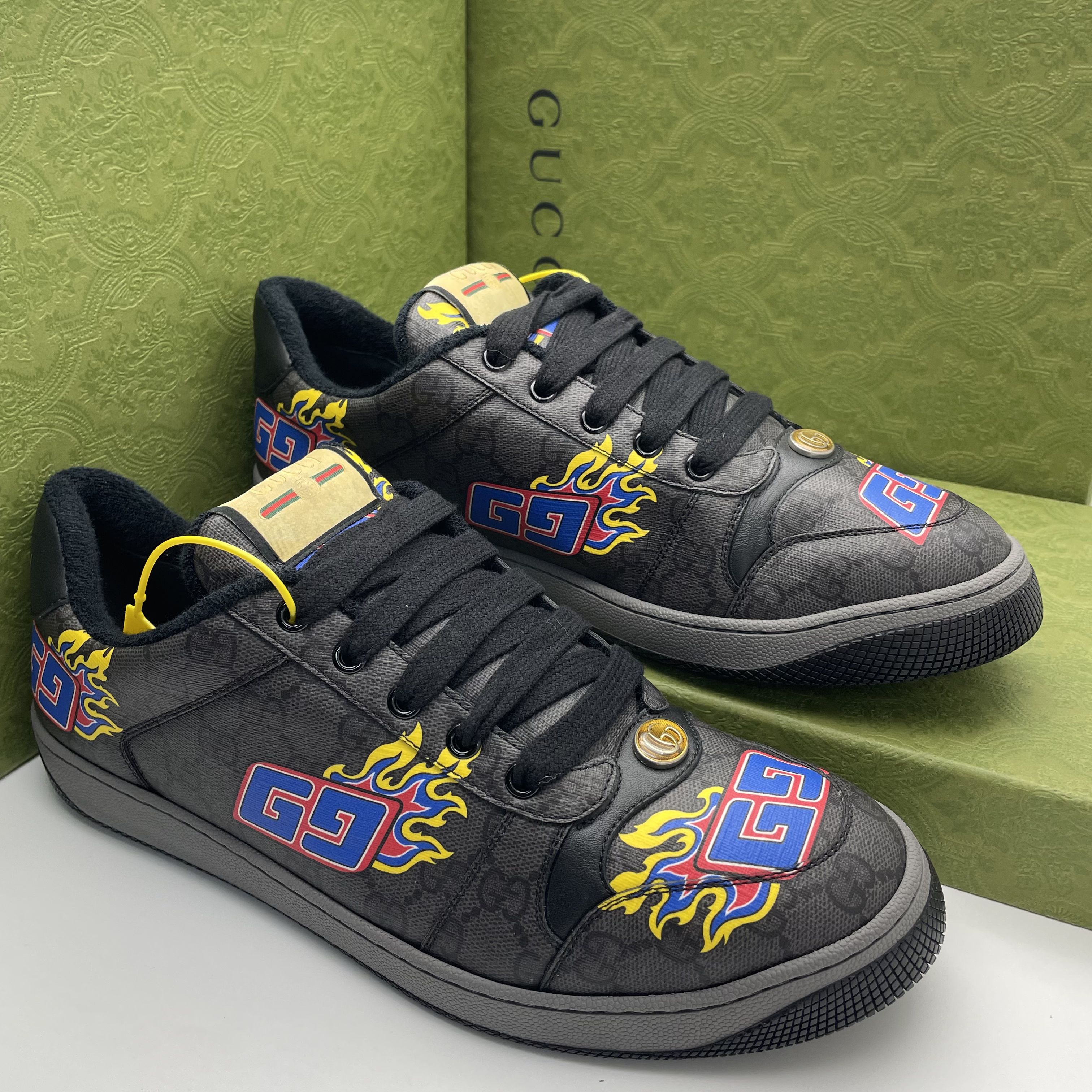 99新 GUCCI/古驰 /39/40欧码/男款/黑灰色双G经典火焰时尚脏脏鞋
