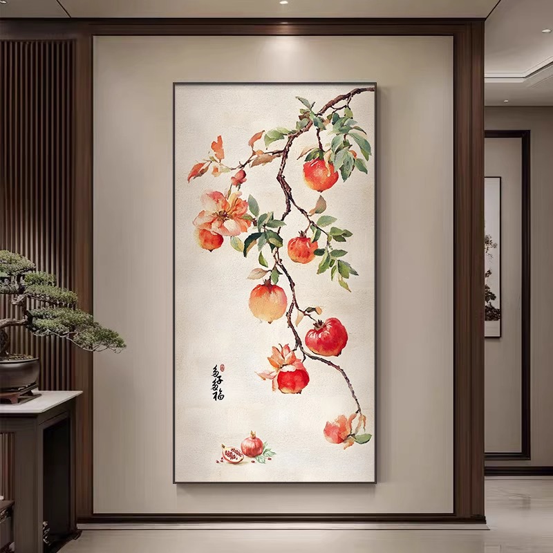 多子多福走廊玄关装饰画石榴寓意好入户过道挂画中式竖版客厅壁画