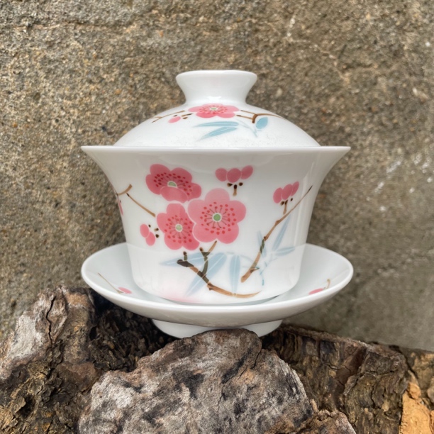 景德镇高温陶瓷手工手绘翠竹红梅三才盖碗盖杯釉下彩马蹄盖碗