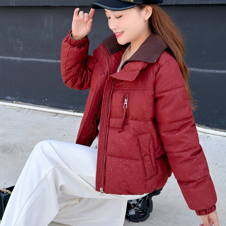 加厚翻领星空闪棉衣拼接针织领修身显瘦短款棉服外套